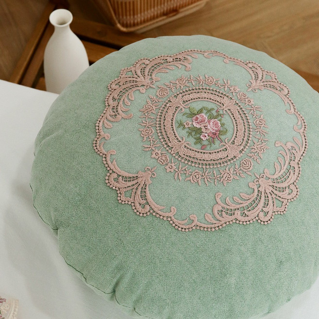 찐프릴 자수 원형 호박 쇼파 쿠션, 그린