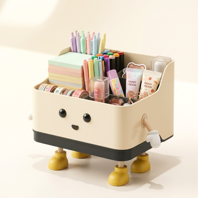 수납연구소 귀여운 책상 수납 정리함 데스크 오거나이저 수납함 팬꽂이, 1개, 크림+서있는 수납함