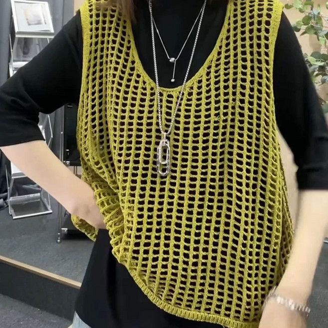 여성 코디용 민소매 티셔츠 여름 캐주얼 슬림핏 라운드넥 펀칭 니트 나시 상의 봄가을 패션 여자 뷔스티에 조끼 YMY
