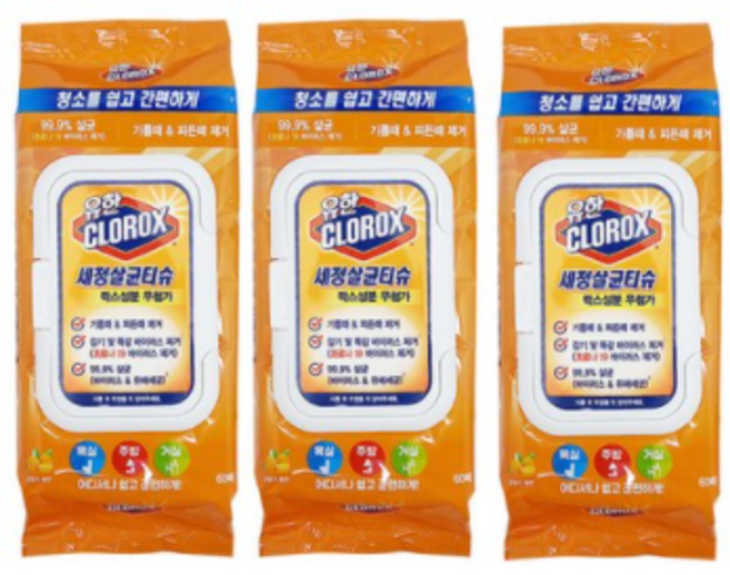 유한락스 세정살균티슈 오렌지 퓨전 60p, 3개