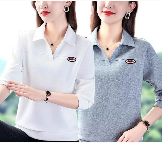 1+1 여성 봄 가을 폴로 긴팔 티셔츠 패션 심플 엄마 칼라 긴팔티 캐주얼 루즈핏 스포츠 상의 빅사이즈 YMY