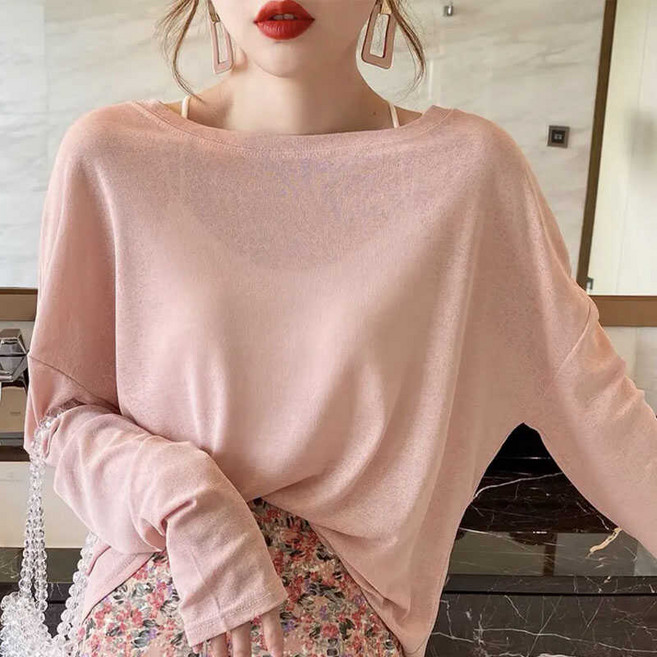 유카 여성 물놀이 비치커버업 상의 루즈핏 긴팔, 핑크