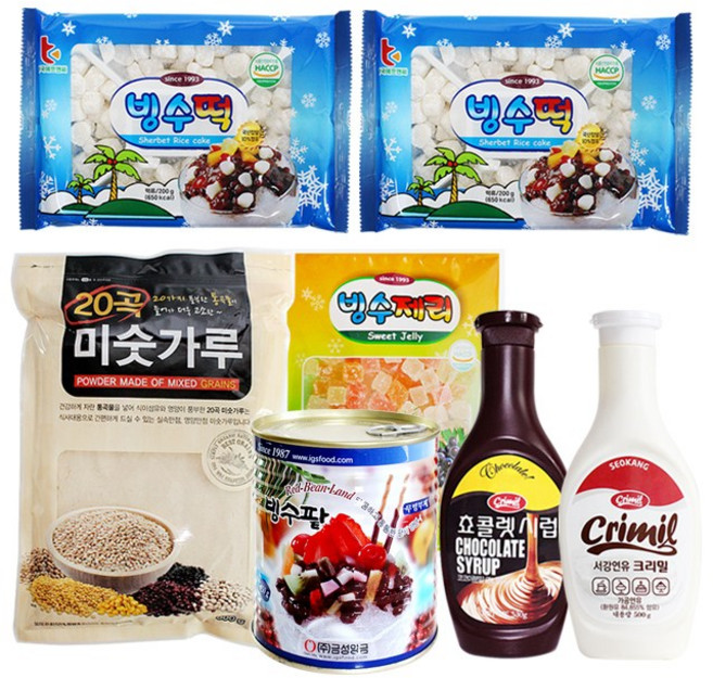 빙수재료 (떡 2개 +제리 1개 +초코시럽 +연유 +팥 850g +20곡 미숫가루 800g), 800g, 1세트