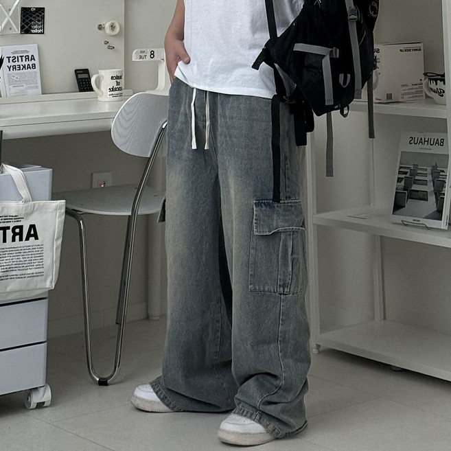 르위 남자 와이드 데님팬츠 밴딩 카고 워싱 빅사이즈