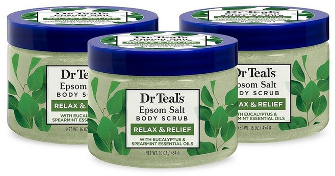 Dr Teal's 핑크 히말라야 소금 바디 스크럽 순수 엡섬 및 에센셜 오일로 복원 보충 473.2ml(16온스) (3팩) 213534, 유칼립투스 및 스피아민트