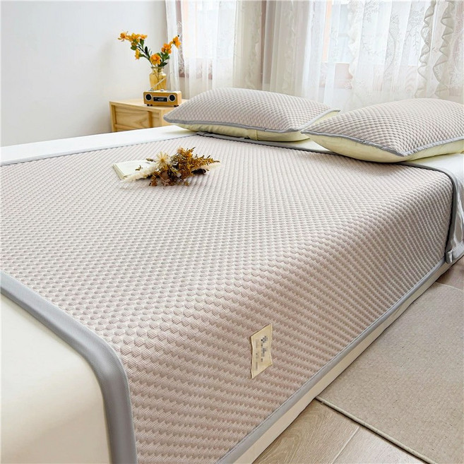 Pogeuni 쿨매트 고정밴드형 여름 냉감 침대패드+베개커버 세트, 베이지