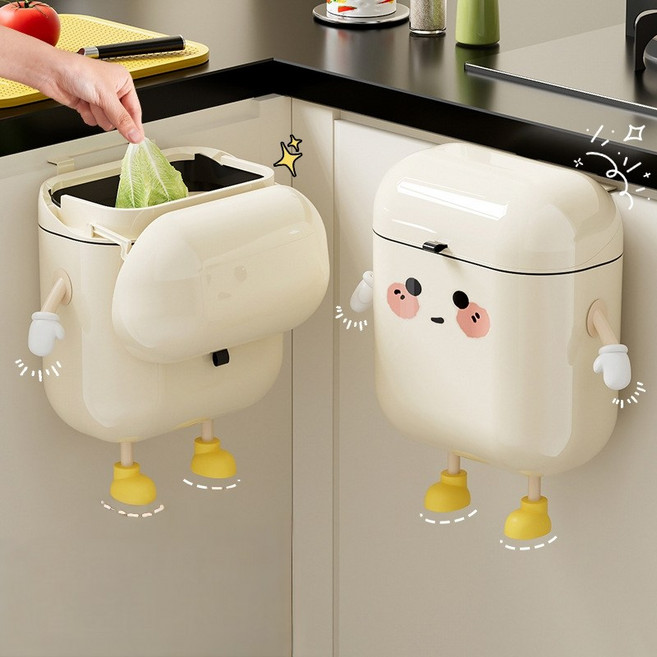주방 귀여운 걸이형 쓰레기통 휴지통 냄새차단, 크림색