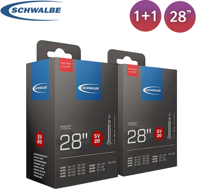 [1+1] 슈발베 28인치 / 700X18C~25C 자전거 튜브 SV20 (40mm) 엑스트라 라이트 경량튜브 세트, 1개