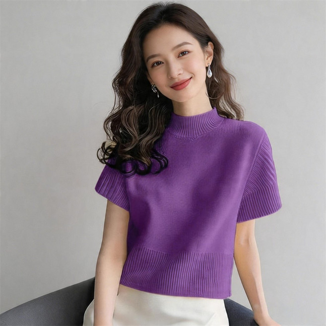 Vezri 여성 봄 여름 솔리드 반폴라 반팔 니트 티셔츠 심플 디자인