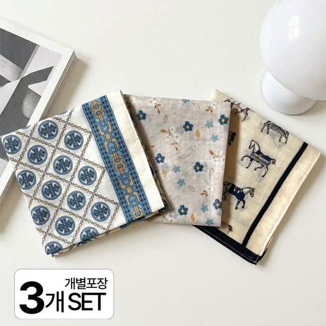 메이리 면 쁘띠 스카프 손수건 3개세트 아사면 꽃무늬 국내제작