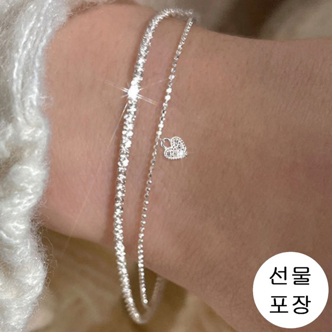 JONNEIC 조네익 반짝반짝 더블 은색팔찌 두줄 도금 체인 팔찌 럭키 행운 레이어드 팔찌(선물 포장)