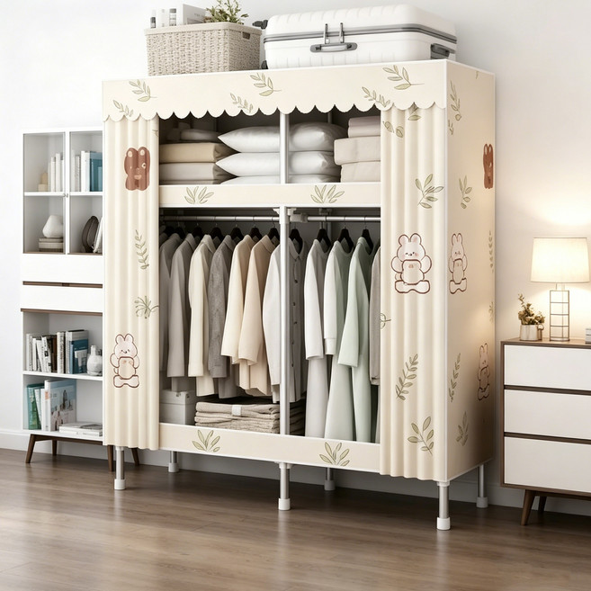 組裝衣櫃 26mm加粗管徑 簡易衣櫃 耐重衣櫃 出租屋衣櫃落地衣櫥 小萌兔120cm+含布套+全合金接頭, 小萌兔120cm+含布套+全合金接頭+耐
