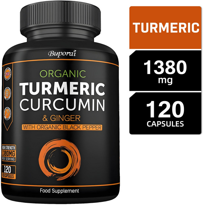 유기농 강황 캡슐 고강도 및 활성 커큐민이 함유된 검은 후추, 1개, 60정