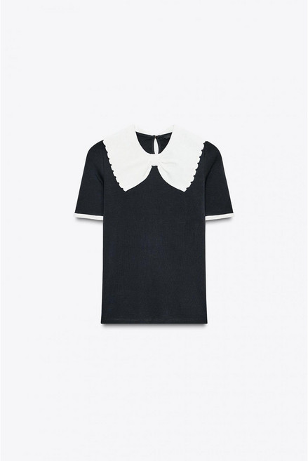 ZARA 자라 청키 니트 배색 리본 장식 반팔 티셔츠 5644911