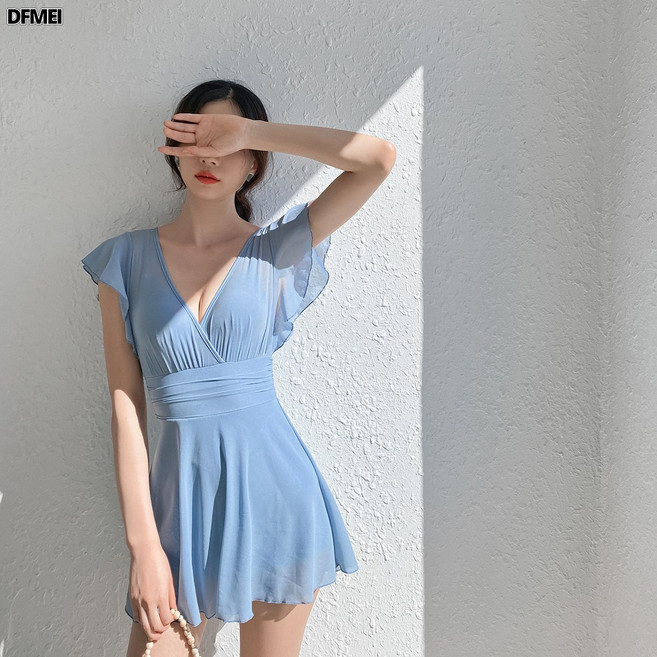 DFMEI 小胸聚攏連體泳衣女顯瘦遮肚仙女範保守溫泉遮肉泳衣黑色, XXL