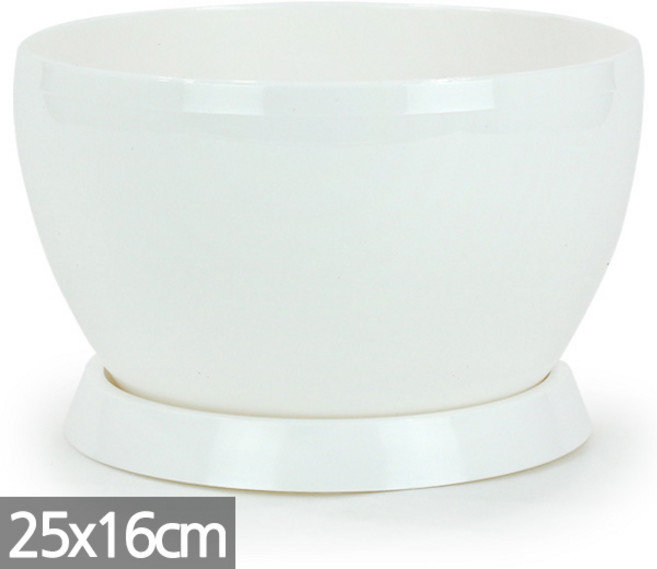 세인화분 튼튼한 국산 플라스틱 유광 원형 화분 받침 세트 - 원형 꽃 광택, 화이트