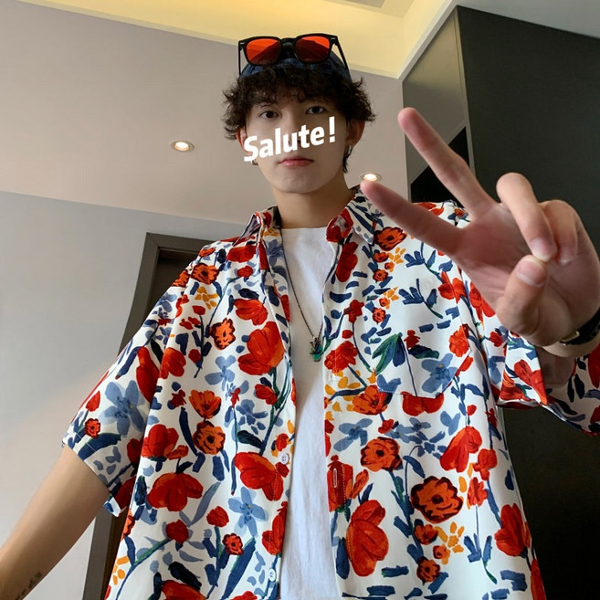 花襯衫 潑墨冰絲男港風復古翻領襯衫 夏威夷度假短袖襯衫