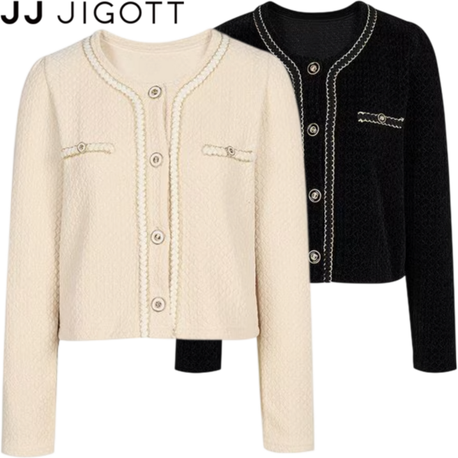 [매장정품] JJ지고트 여성 가디건 골드 라인 배색 버튼 벨벳 트위드 동절기 겨울 자켓