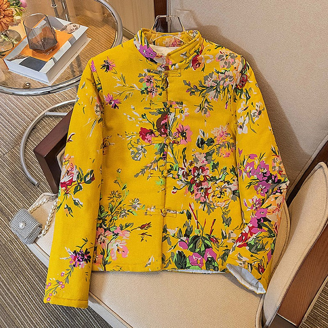 가을 겨울 빈티지 에스닉 패딩 점퍼 숏 면마 프린트 패딩 빈티지 부클 코트