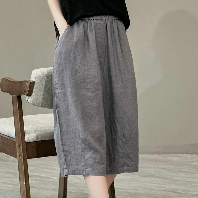 ORZQU 여름 여자 중년 엄마 허리 밴딩 면마 솔리드 와이드 바지 7부 팬츠