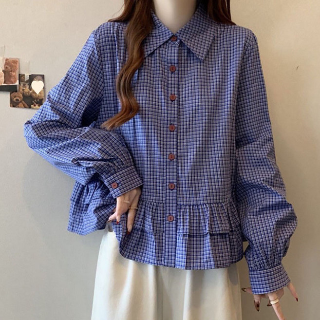 여성 봄가을 체크 장식 긴팔 셔츠 루즈핏 데일리 캐주얼 패션 톱 슬림소녀