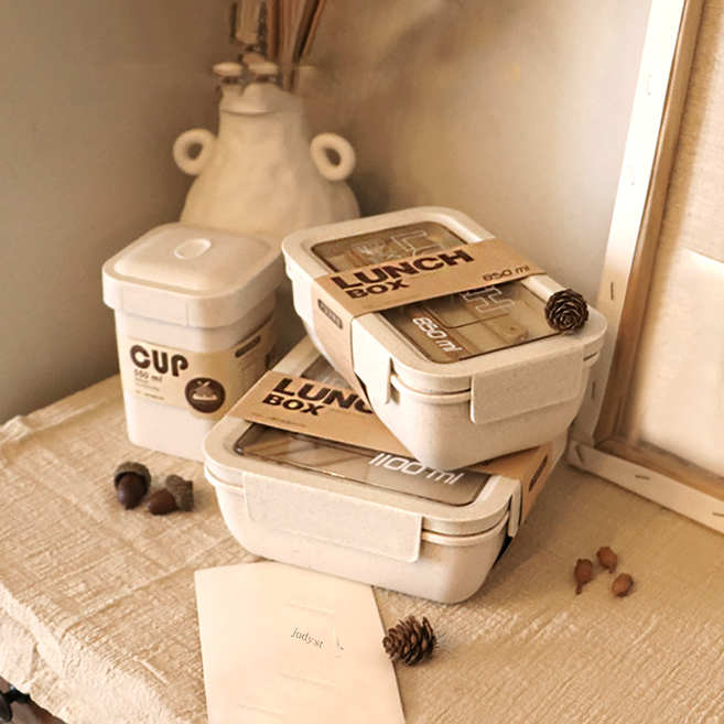 이디타 직장인 도시락통 밀짚 피크닉 도시락 런치박스 샐러드 다이어트 밀프랩 찬합 죽통, 밀짚도시락 국물 550_베이지, 1개