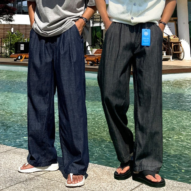 남자 더블 핀턱 아이스 쿨링 와이드 밴딩 여름 청바지 데님 팬츠