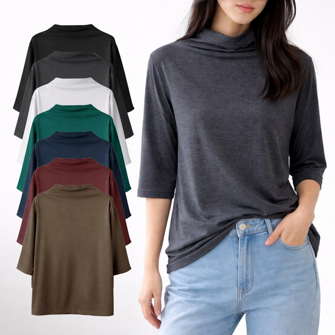 지오벤투 여성 7부 티셔츠 반목폴라 무지 터틀넥 칠부티