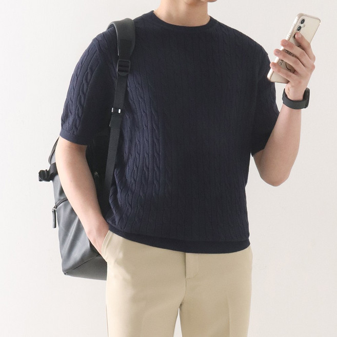 시원하고 쿨한 시엘 케이블 라운드 반팔 니트 꽈배기 니트티 빅사이즈 ZZBKNS012