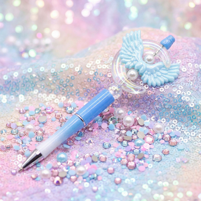 [비바블룸] 나만의 볼펜 꾸미기 비즈 DIY 세트 만들기 볼꾸 비즈볼펜 펜꾸 펜꾸미기 조카 선물, 파랑 달날개 요술봉 볼펜, 1개