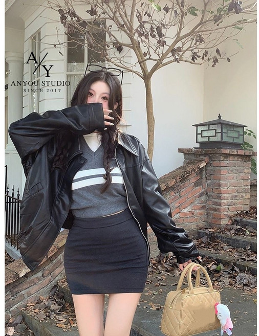 ANYOU 여성 가죽 소프트 재킷 코트 캐주얼 일상 베이직 가죽 자켓 베이직자켓