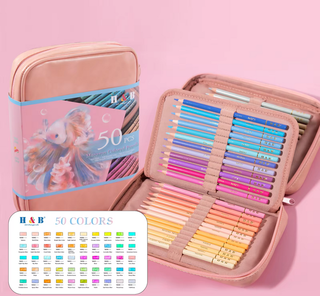 HB문화사 마카롱 프리미엄 색연필 인조가죽가방케이스 전문가용 50컬러, 1세트, 50색