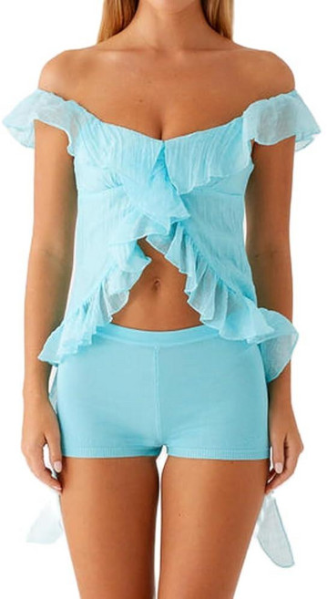 Women Y2K Off Shoulder Top Ruffled Frill Trim Irregular Hem Crop Tank Top Summer Going Out Vest Co, 블루