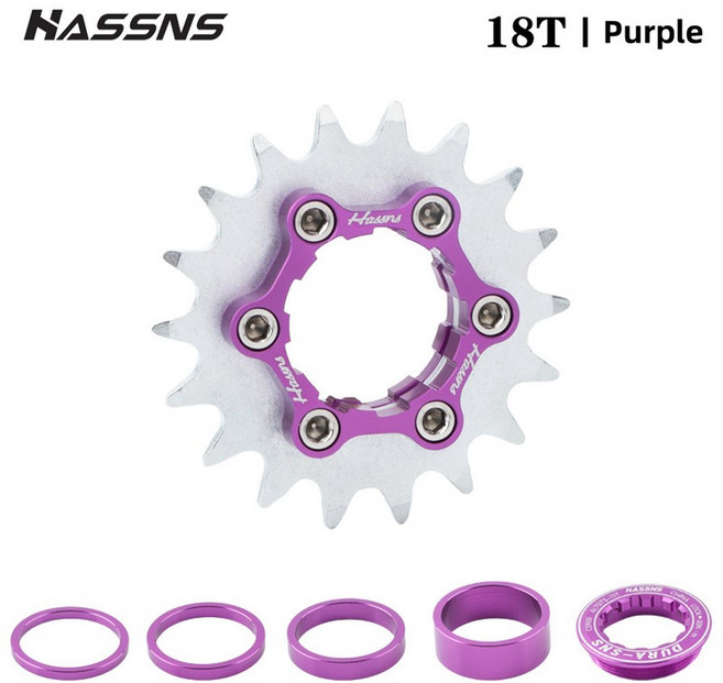 HASSNS 18T 단일 속도 산악 자전거 카세트 스프로킷(먼지 점프 등산 자전거용 알루미늄 체인링 커버 포함), Purple-18T
