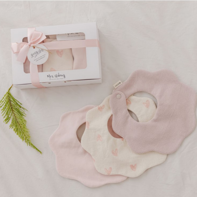 [출산백일선물] 우이동금손 쁘띠하트 턱받이3종세트[선물포장+쇼핑백세트], 핑크세트, 1개, 3개입