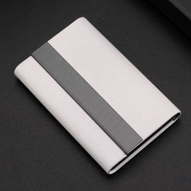 심플리 메탈 가죽 명함케이스, 1개, 화이트가죽+블랙메탈