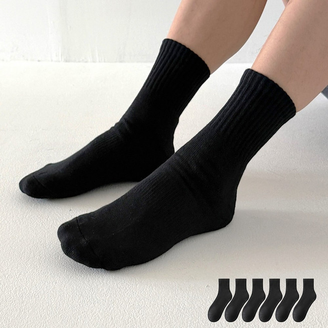 래비뜨 국산 남성 두툼한 쿠션 바닥 무지 중목 스포츠 양말 6팩, 블랙, 1세트