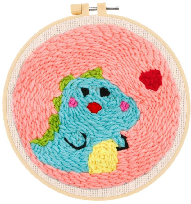 투데이리빙 DIY 펀치 니들 자수 세트 초보자 힐링 취미 뜨개질 만들기 감성 털실 펀칭 공예 십자수 키트 귀여운 원형 소품 액자 프레임, 아기공룡, 1세트