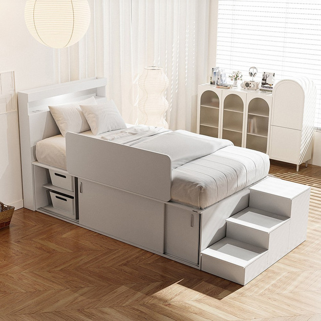 슬라이딩 화이트 평상형 수납 침대 슈퍼싱글 (SS) [매트리스미포함], 침대+계단
