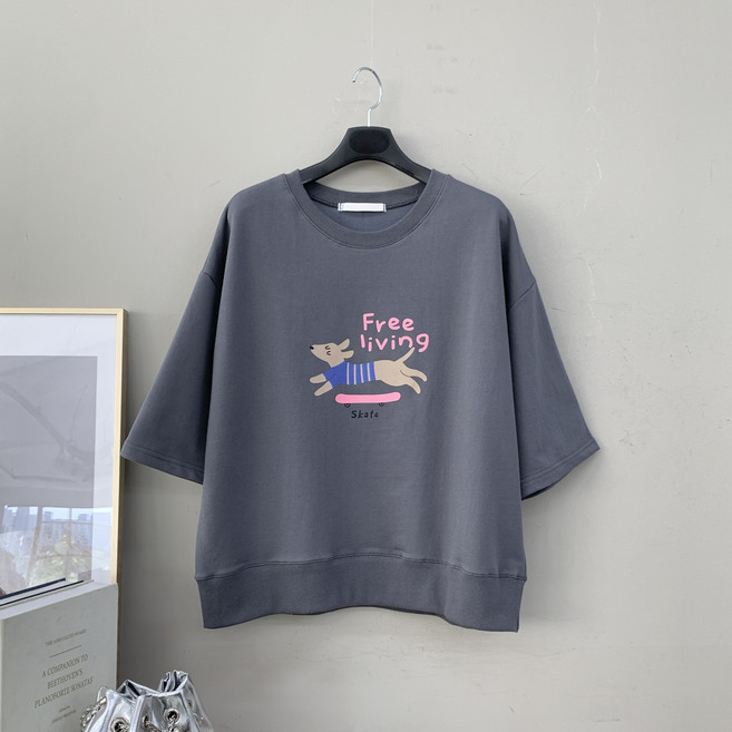 [행복여] 스케이트 도그 루즈핏 7부 맨투맨 티셔츠