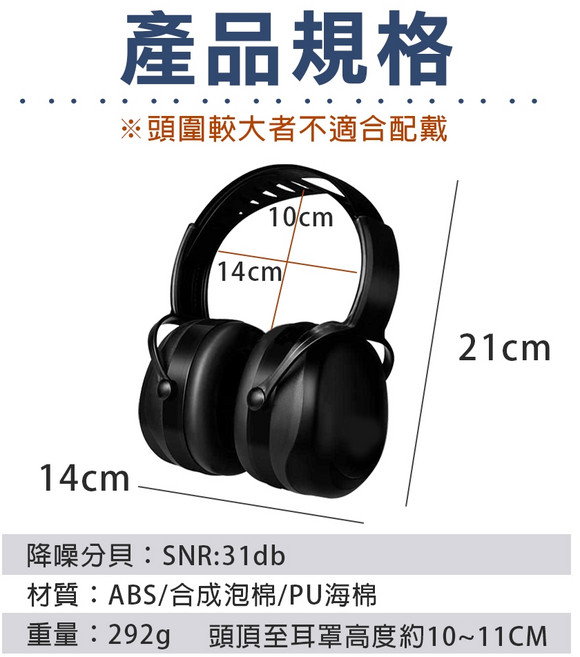 折疊式防噪音耳罩 31dB降噪 可調整尺寸隔音耳罩 舒適大耳罩 讀書工程工廠適用, 1個, (盒裝)黑色款