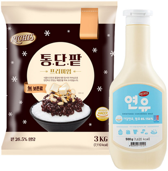 [성실한오피스] 동서식품 리치스 통단팥 파우치 3kg/1개 리치스 연유 500g/1개 여름 팥빙수 만들기 재료, 1개, 500g