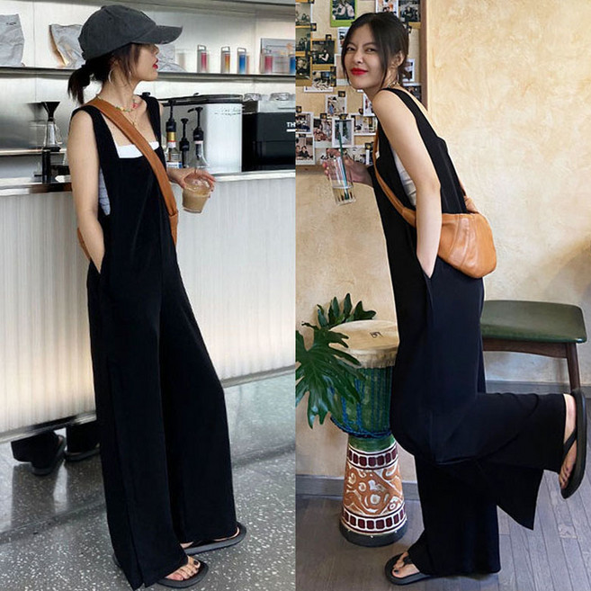 와이드 팬츠 봄 가을 여름 멜빵바지 점프슈트 루즈핏 슬림핏 캐주얼 긴바지 여성 통바지 여자바지 D99U