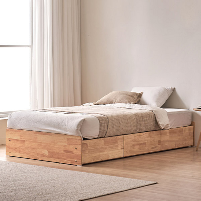 [1만원 할인쿠폰] 스칸디아 레임 3단 빅서랍 무헤드 수납 원목 침대 (슈퍼싱글/퀸), 01.매트제외_SS(내추럴)
