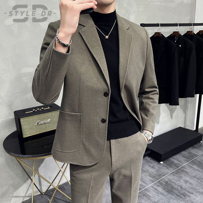 스타일닥터 남성 정장 두꺼운 모직 캐주얼 정장 슬림 양복 투피스