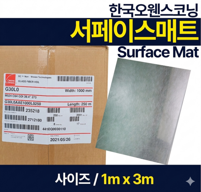 FRP 유리섬유 서페이스 매트 Glass paper 한국오웬스코닝 1m x 3m, 1개