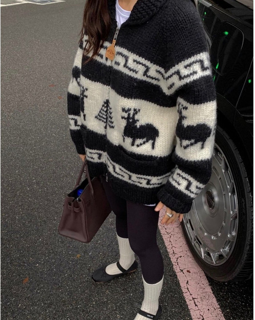 예차바 투웨이 자가드 카라 울니트 집업 가디건