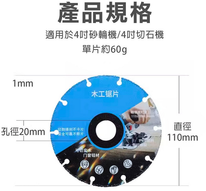 萬用合金木工鋸片 110mm 20mm孔徑 1mm厚度 適用4吋砂輪機切石機 實木 PVC 鋁材 橡膠切割片, 1個, 110mmx孔徑20mm