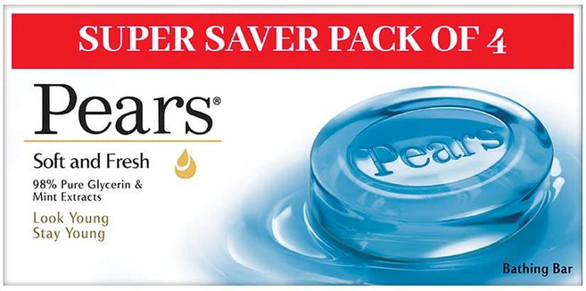 인도정품 페어스 소프트 앤 프레쉬 솝 바(4개팩) - 부드러운 피부와 바디를 위한 글리세린과 민트 함유 남성과 여성에게 이상적인 목욕용 파라벤 프리 바디 비누, 125g 4팩, 125g