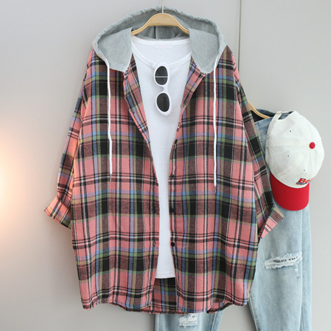 달콩 여성 폴체크오버핏후드셔츠 롱셔츠 봄신상